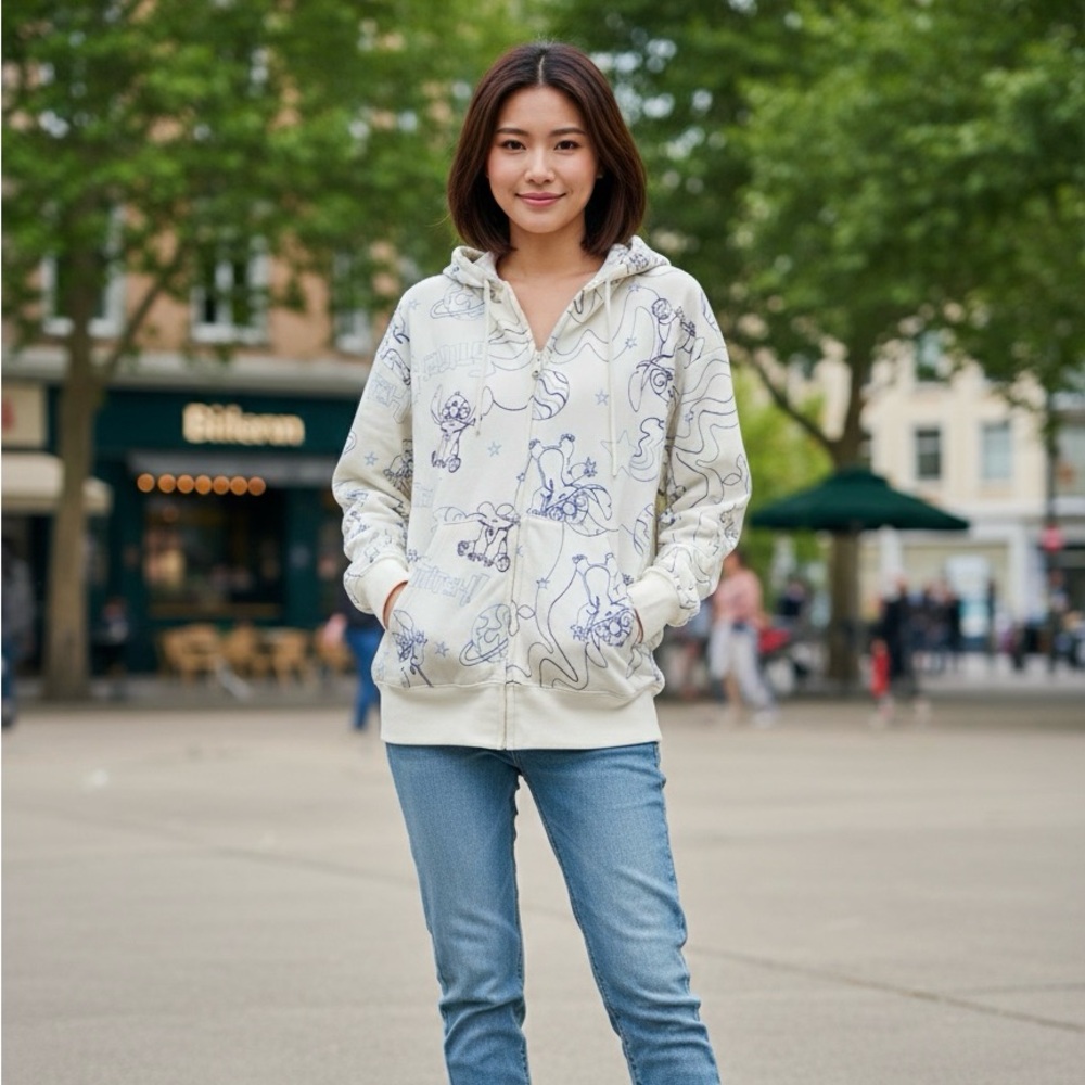 Zara Cream and Blue Graphic Hoodie